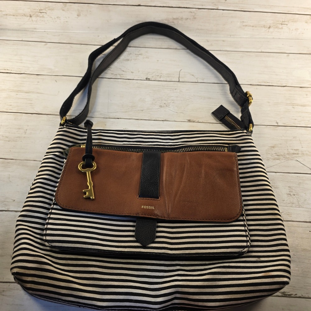 Fossil Striped Canvas Crossbody Bag Brown Leather Trim Black White Nautical Key